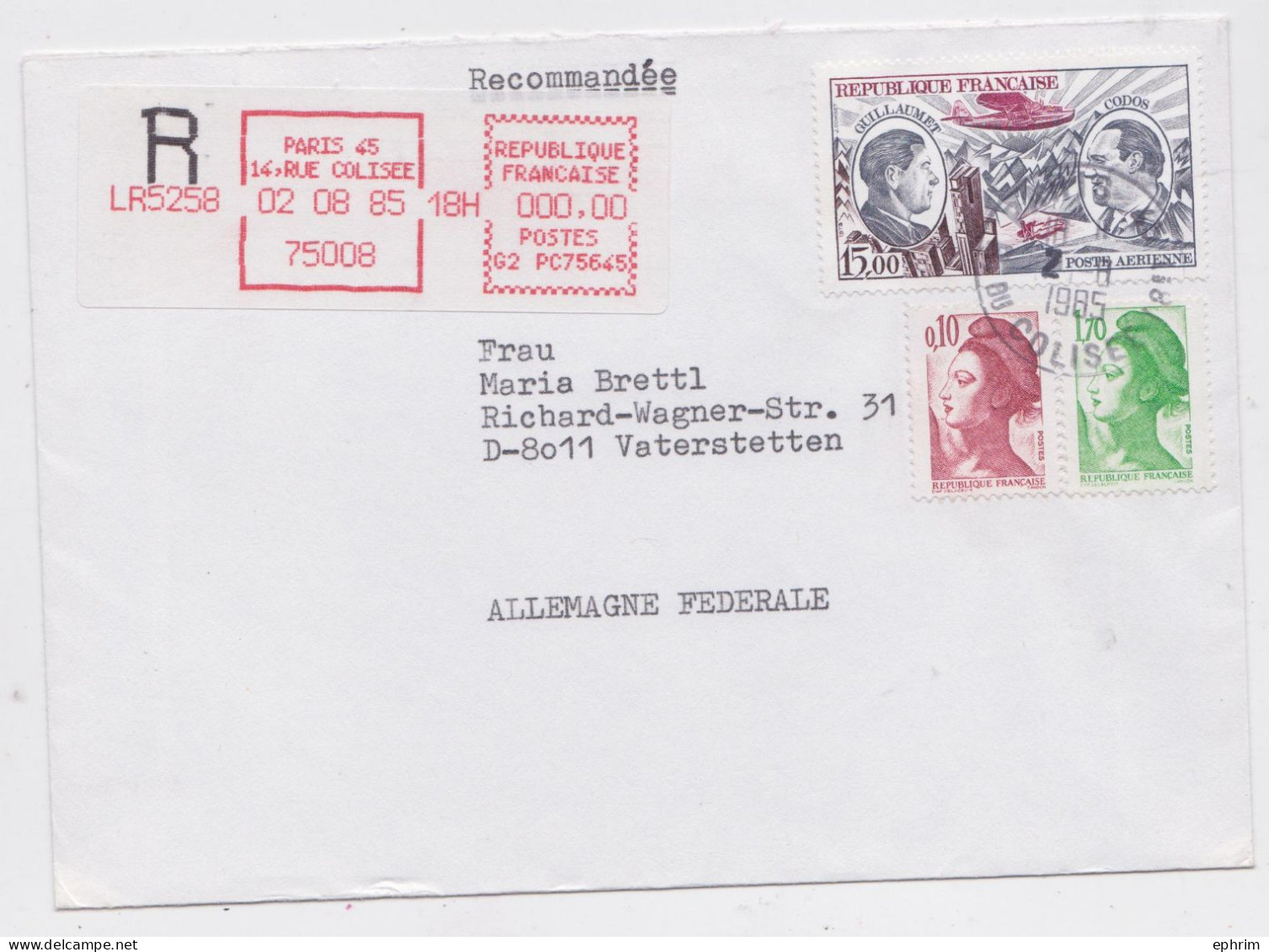 France Paris Lettre Vignette Recommandée Rouge Timbre Poste Aérienne Registered Label Air Mail Cover Vaterstetten 1985 - Cartas & Documentos