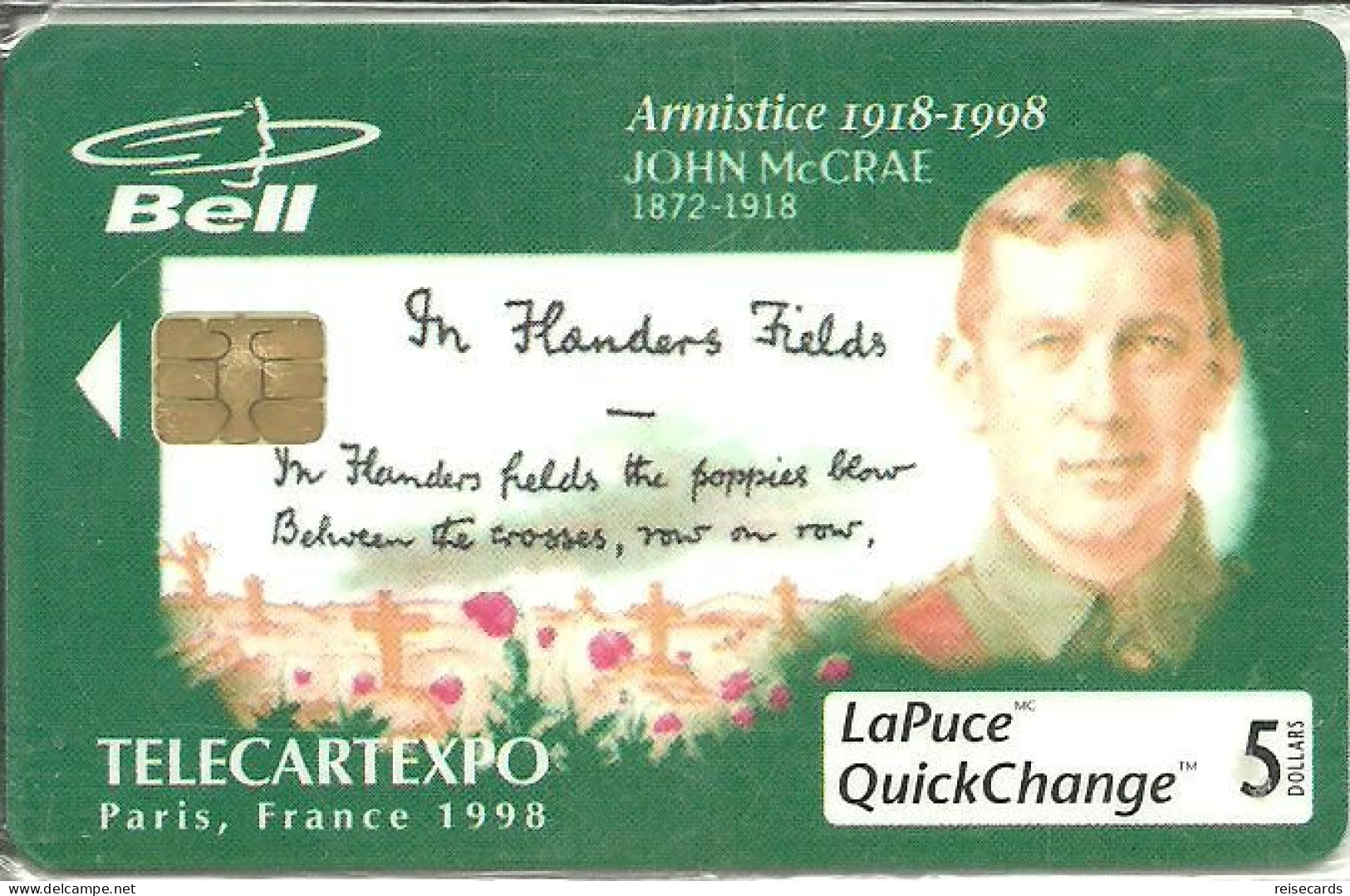 Canada: Bell - TélécarteExpo Paris 1998, Armistice 1918-1998, John McCrae. Mint - Kanada