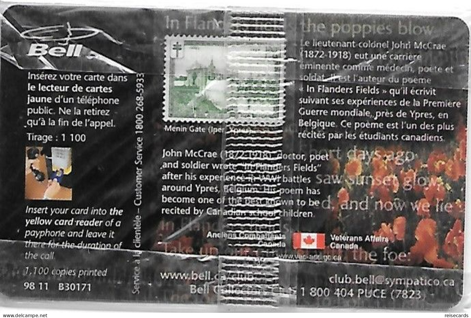 Canada: Bell - TélécarteExpo Paris 1998, Armistice 1918-1998, John McCrae. Mint - Canada