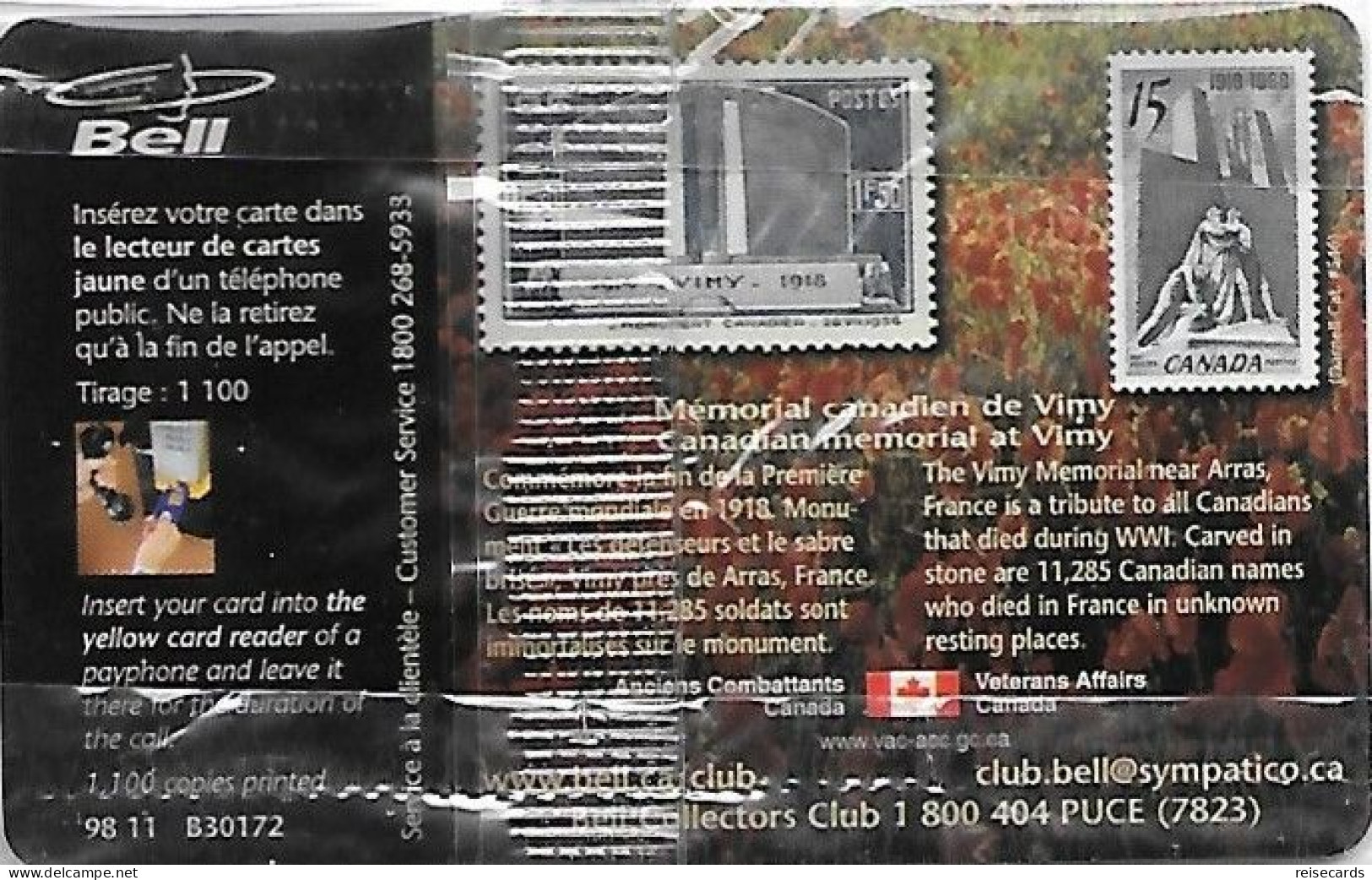 Canada: Bell - TélécarteExpo Paris 1998, Armistice 1918-1998. Mint - Kanada