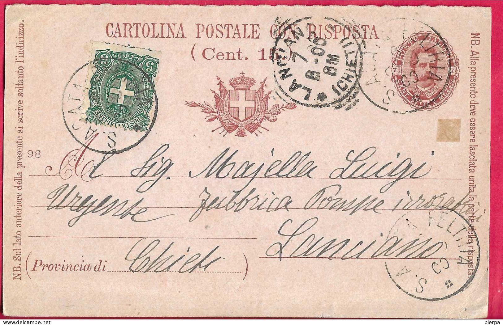 ANNULLO CS "S. AGATA FELTRIA*6.GIU.00* SU INTERO CARTOLINA POSTALE UMBERTO (DOMANDA) (INT. 26/98D) +(5CENT) PER LANCIANO - Marcofilie