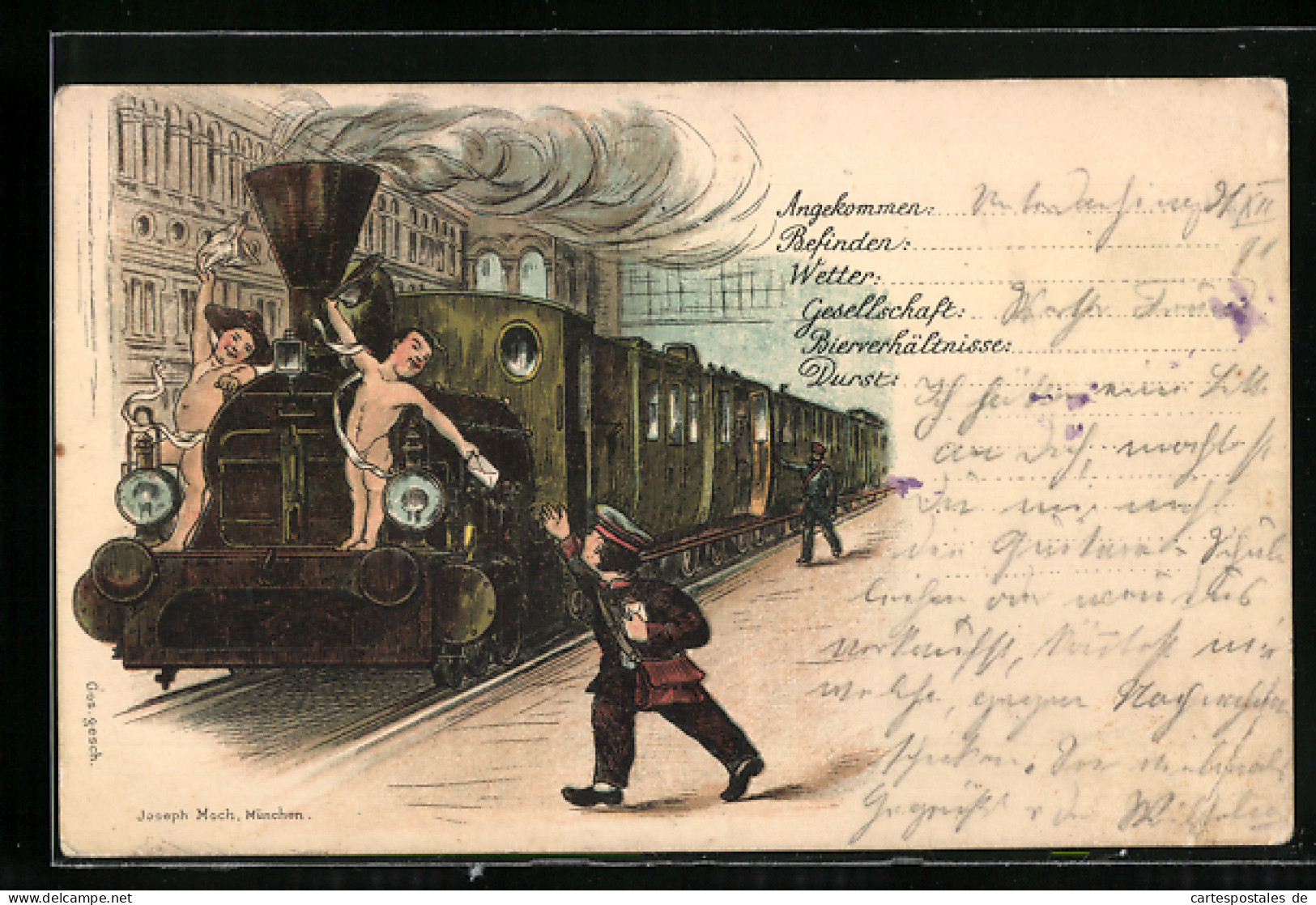 Lithographie Amoretten überreichen Dem Briefträger Einen Brief Von Der Eisenbahn Aus  - Trenes