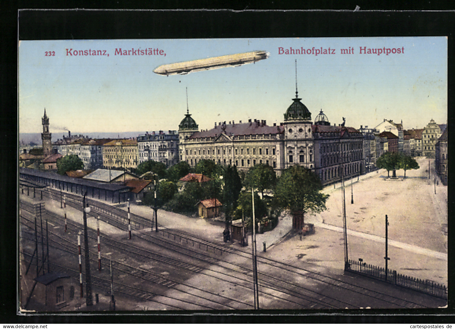 AK Konstanz, Marktstätte M. Bahnhofplatz, Hauptpost Und Zeppelin  - Zeppeline