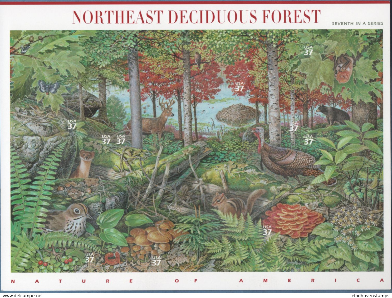 USA 2005 Northeast Deciduous Forest Block MNH Weasel, Ovenbird, Deer, Chipmunk, Turkey, Red Bat, Mushrooms, Maple, Fern - Altri & Non Classificati