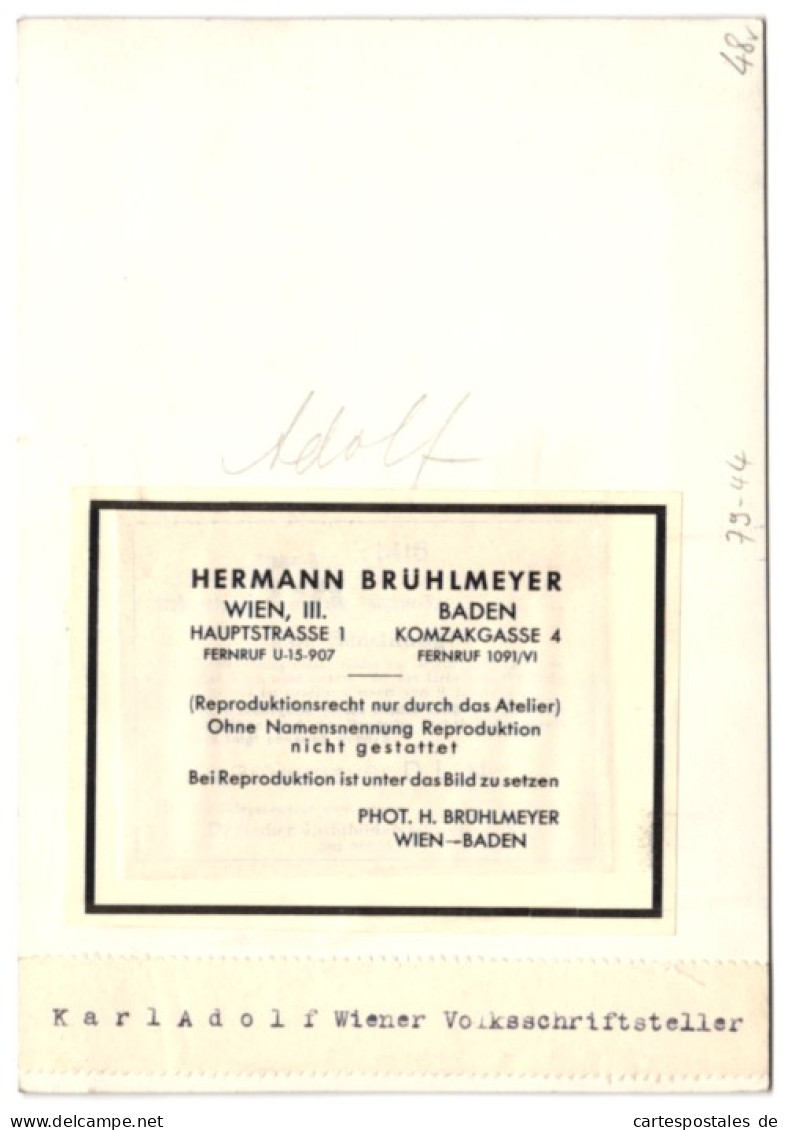 Fotografie Hermann Brühlmeyer, Wien, Portrait Karl Adolf, Wiener Volksschriftsteller  - Célébrités