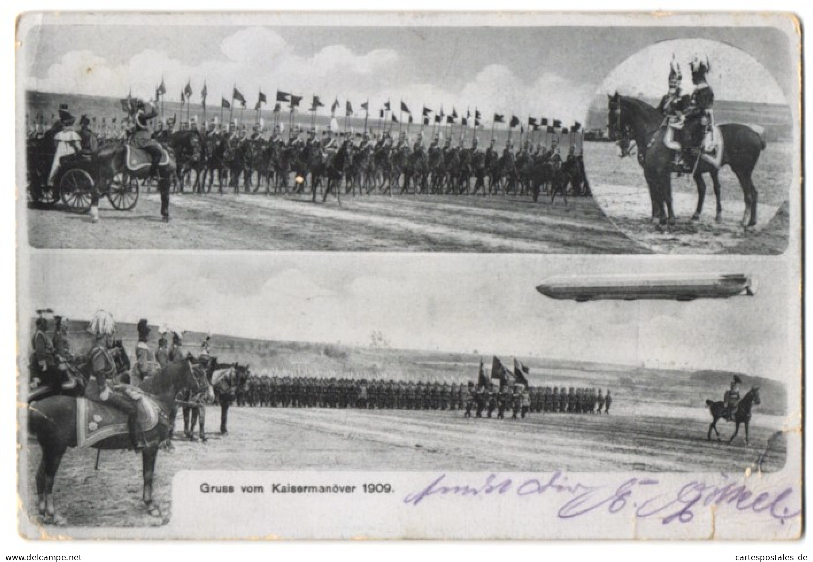Riesen-AK Kaisermanöver 1909, Kaiser Wilhelm II. Betrachtet Aufmarsch Von Kavallerie & Infanterie, Zeppelin Luftschiff  - Dirigeables