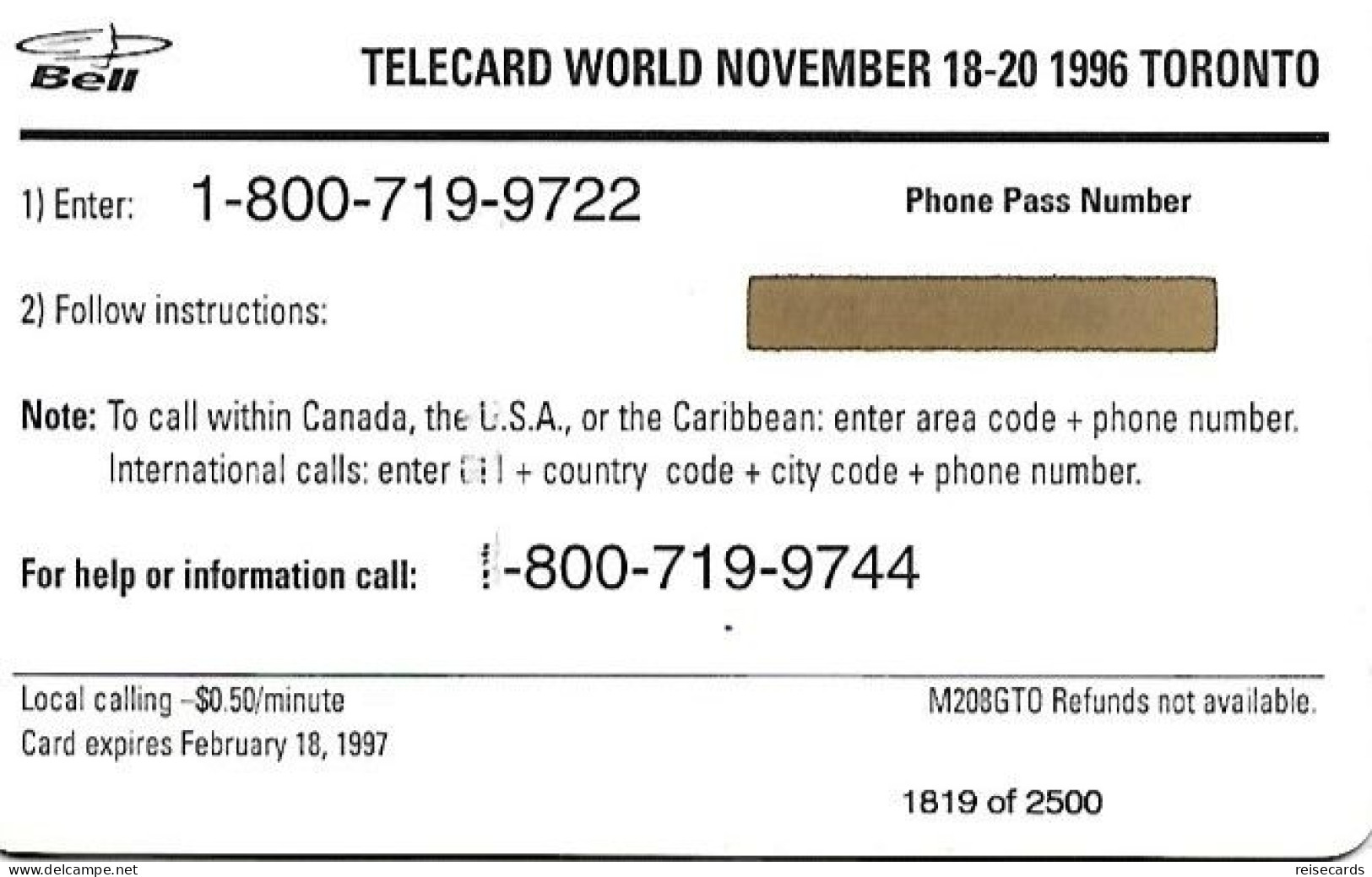 Canada: Prepaid Bell - TeleCard World '96 Exposition Toronto. Mint - Canada