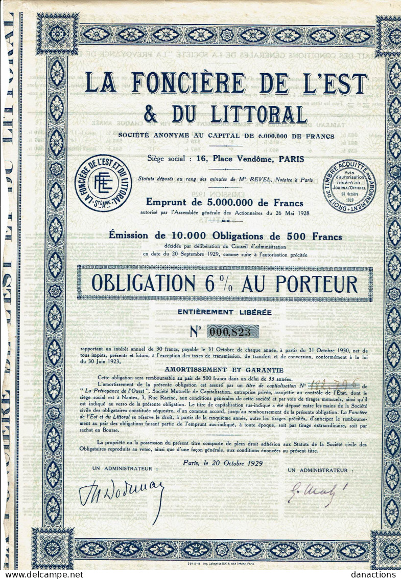 73-FONCIERE DE L'EST ET DU LITTORAL. 1929   - Other & Unclassified