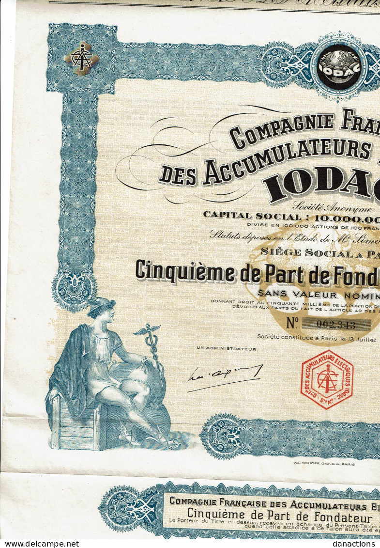 75-ACCUMULATEURS ELCTRIQUES IODAC. CIE FSE DES ...   P F    Très Belle Décoration - Other & Unclassified