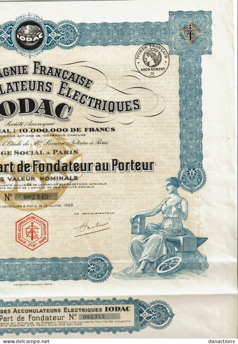 75-ACCUMULATEURS ELCTRIQUES IODAC. CIE FSE DES ...   P F    Très Belle Décoration - Other & Unclassified