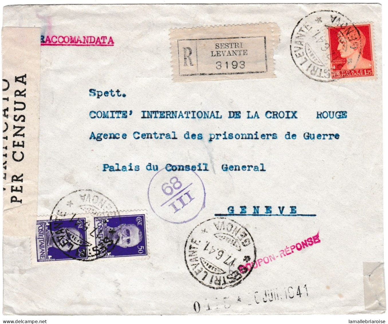Italie, Enveloppe Recommandée De Sestri Levante Du 17/06/41 Pour Genève, Marques De Censure - Militärpost (MP)