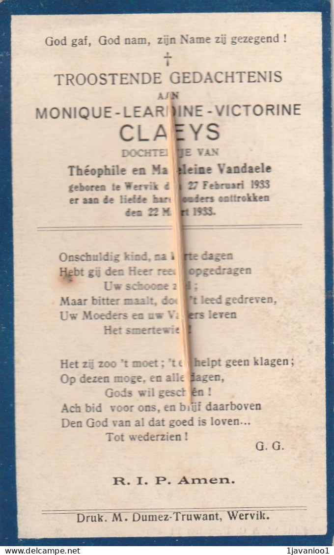 Kind, Enfant, Child,  Girl ,Wervik, 1933, Monique Claeys, Vandaele - Devotieprenten