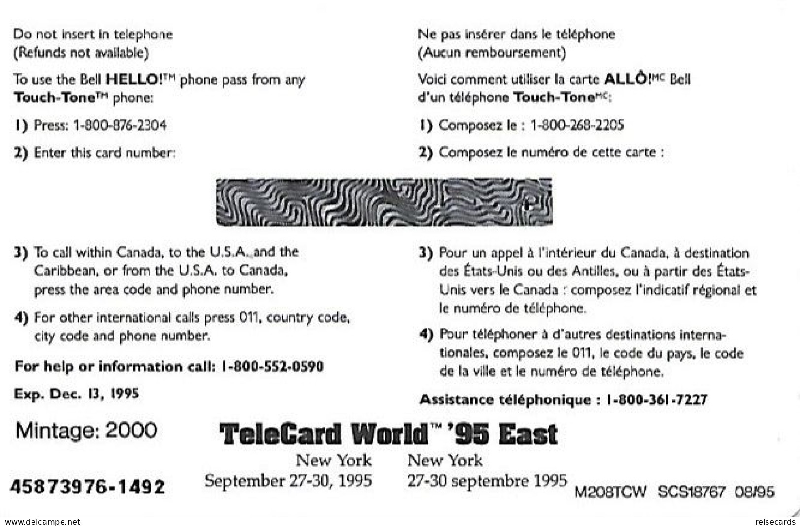 Canada: Prepaid Bell - TeleCard World '95 East Exposition New York. Mint - Kanada