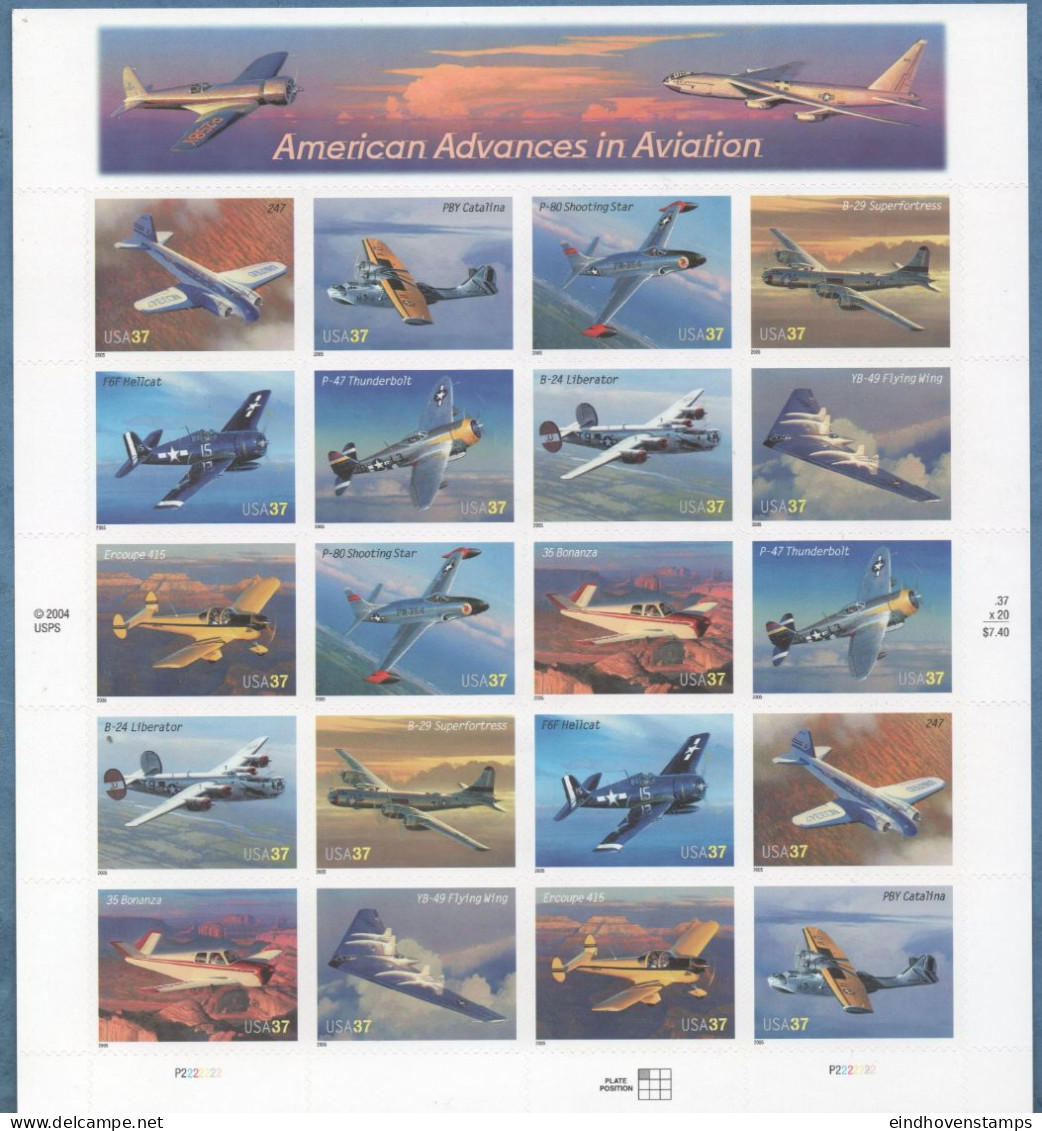 USA 2005 American Advances In Aviation Foil Sheet 20 Val. MNH Boeing, Catalina, Grumman, Lockheed, Beechcraft, Northrop - Avions