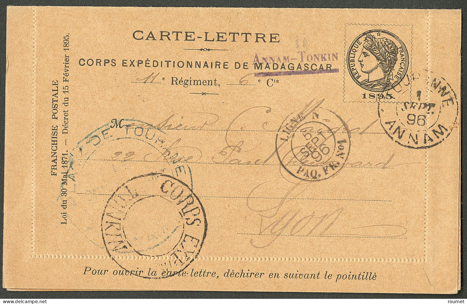 Lettre Cad "Touranne/Annam" Sept 96 Sur CL En FM "corps Expéditionnaire De Annam-Tonkin", Pour Lyon. - TB - Autres & Non Classés