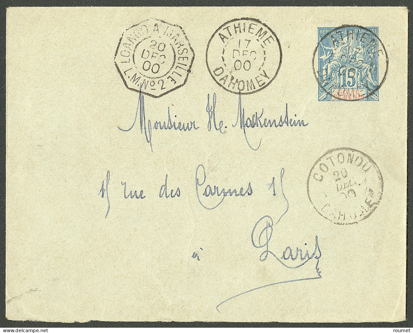 Lettre Cad "Athieme/Dahomey" Déc 1900 Sur Entier 15c Bleu Pour Paris, à Côté Cad Loango à Marseille/LM N°2". - TB - Autres & Non Classés