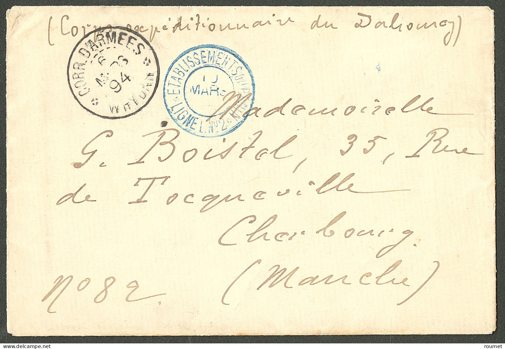 Lettre Cad "Corr.D'Armées/Whydah" Mars 94, Sur Enveloppe En FM Pour Cherbourg, à Côté Cad Bleu "Etablissements Du Benin/ - Autres & Non Classés