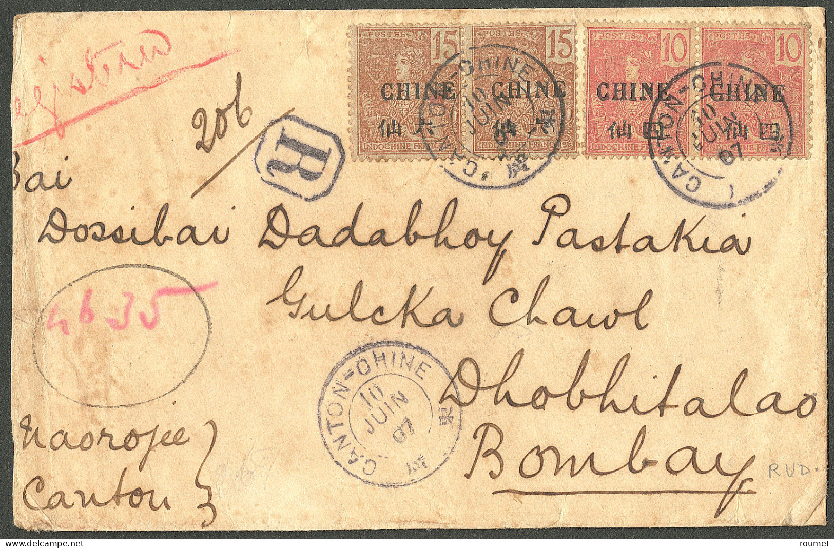 Lettre Cad "Canton-Chine" Juin 1907 Sur N°66 Paire + 67 Paire, Sur Enveloppe Recomm. Pour L'Inde (Bombay). - TB - Sonstige & Ohne Zuordnung