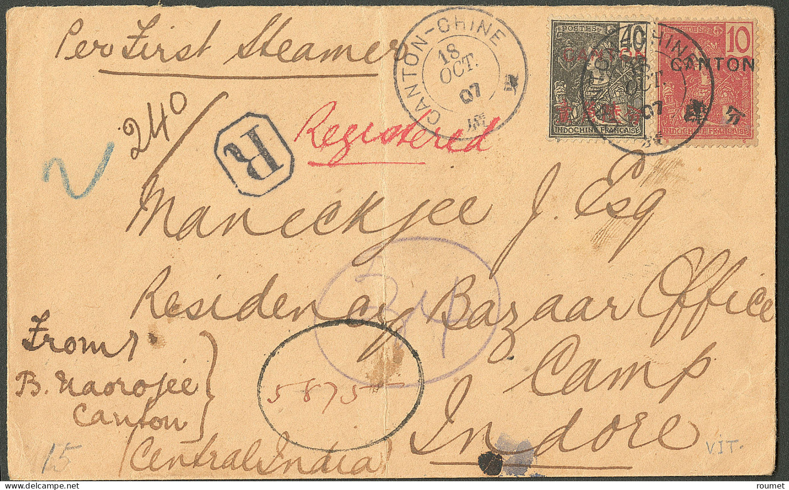Lettre Cad "Canton-Chine" Oct 1907 Sur Canton 37 + 43 Sur Enveloppe Recommandée Pour L'Inde, Arr. Tuticorin (Thoothukudi - Sonstige & Ohne Zuordnung