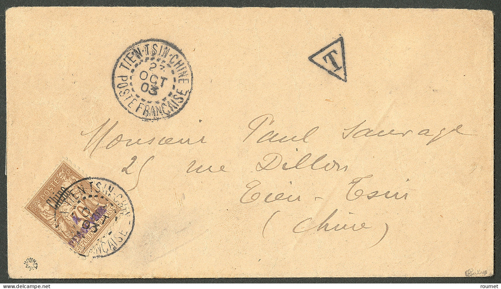 Lettre Taxe. No 9a, Surcharge Violette, Obl Cad "Tien-tsin Chine" Oct 1903 Sur Enveloppe Locale Non Affie. - TB. - R - Other & Unclassified