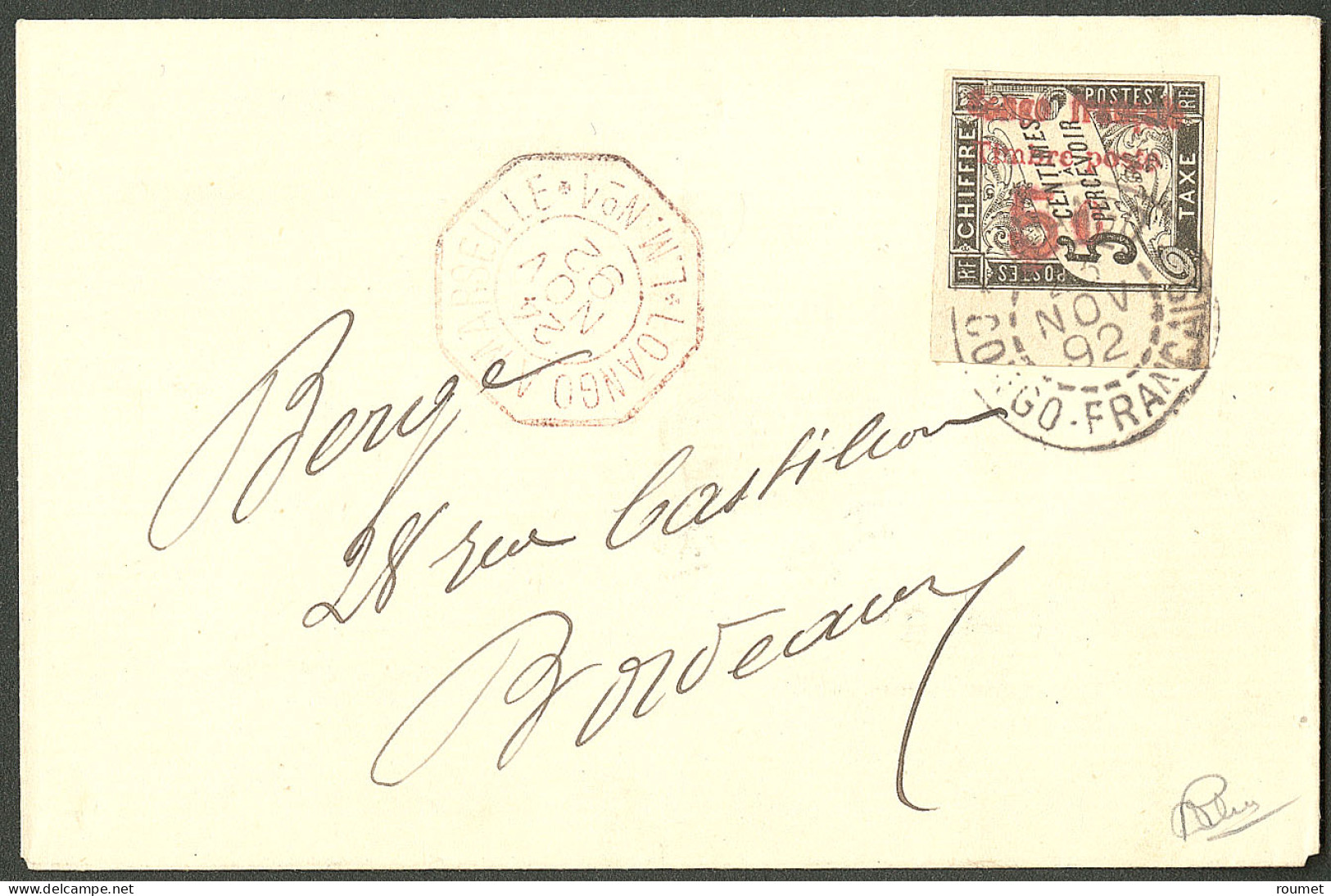 Lettre Cad "Loango/Congo-Français" Nov 92 Sur N°8a Bdf, Sur Enveloppe Pour Bordeaux Avec Cad Rouge "Loango à Marseille/L - Altri & Non Classificati