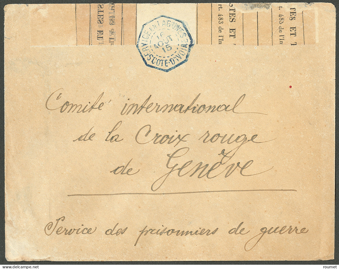 Lettre Cad Octog Bleu "Service En Lagunes/Côte D'Ivoire" 16 Aout 15, Sur Enveloppe Avec Censure, Adressée Au Comité Inte - Other & Unclassified