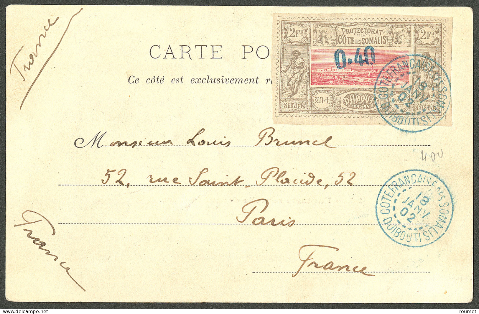 Lettre Cad Bleu "Cote Française Des Somalis/Djibouti". No 25 Sur Carte Pour Paris, 1902. - TB. - R - Sonstige & Ohne Zuordnung