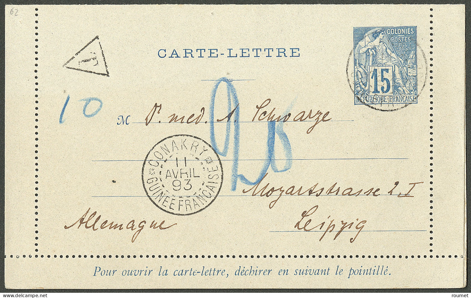 Lettre Cad "Conakry/Guinée Française". Entier 15c Bleu Insuffisamment Affranchi Pour L'Allemagne Taxé 20, 1893. - TB. -  - Sonstige & Ohne Zuordnung