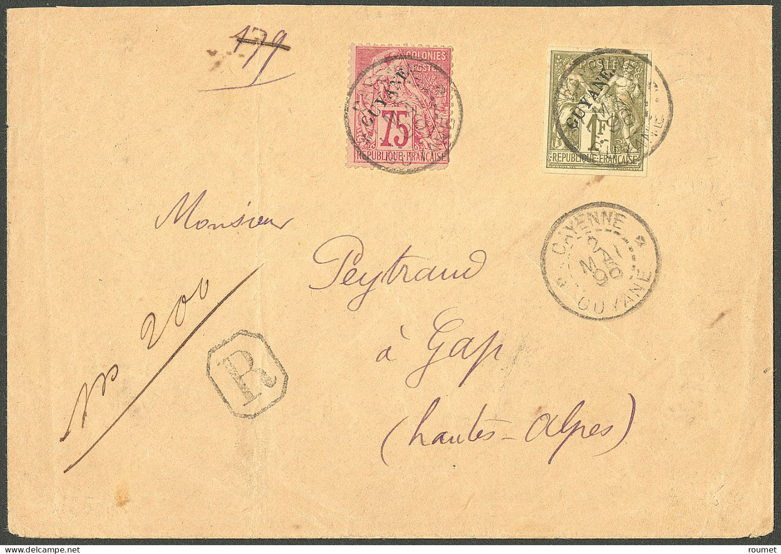 Lettre Cad "Cayenne/Guyane". Nos 15 + 27 Sur Enveloppe Recommandée Pour Gap, 1896. - TB. - R - Other & Unclassified