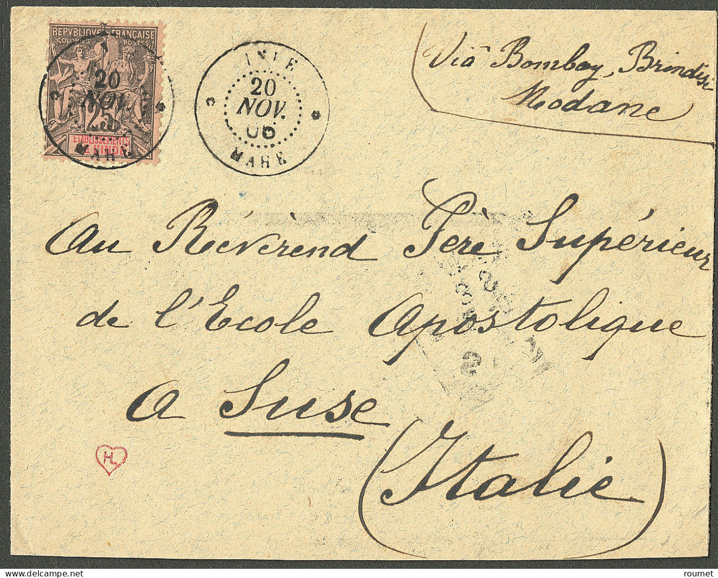 Lettre Cad "Inde/Mahé" Nov 1906 Sur N°8, Sur Enveloppe Pour L'Italie. - TB - Sonstige & Ohne Zuordnung