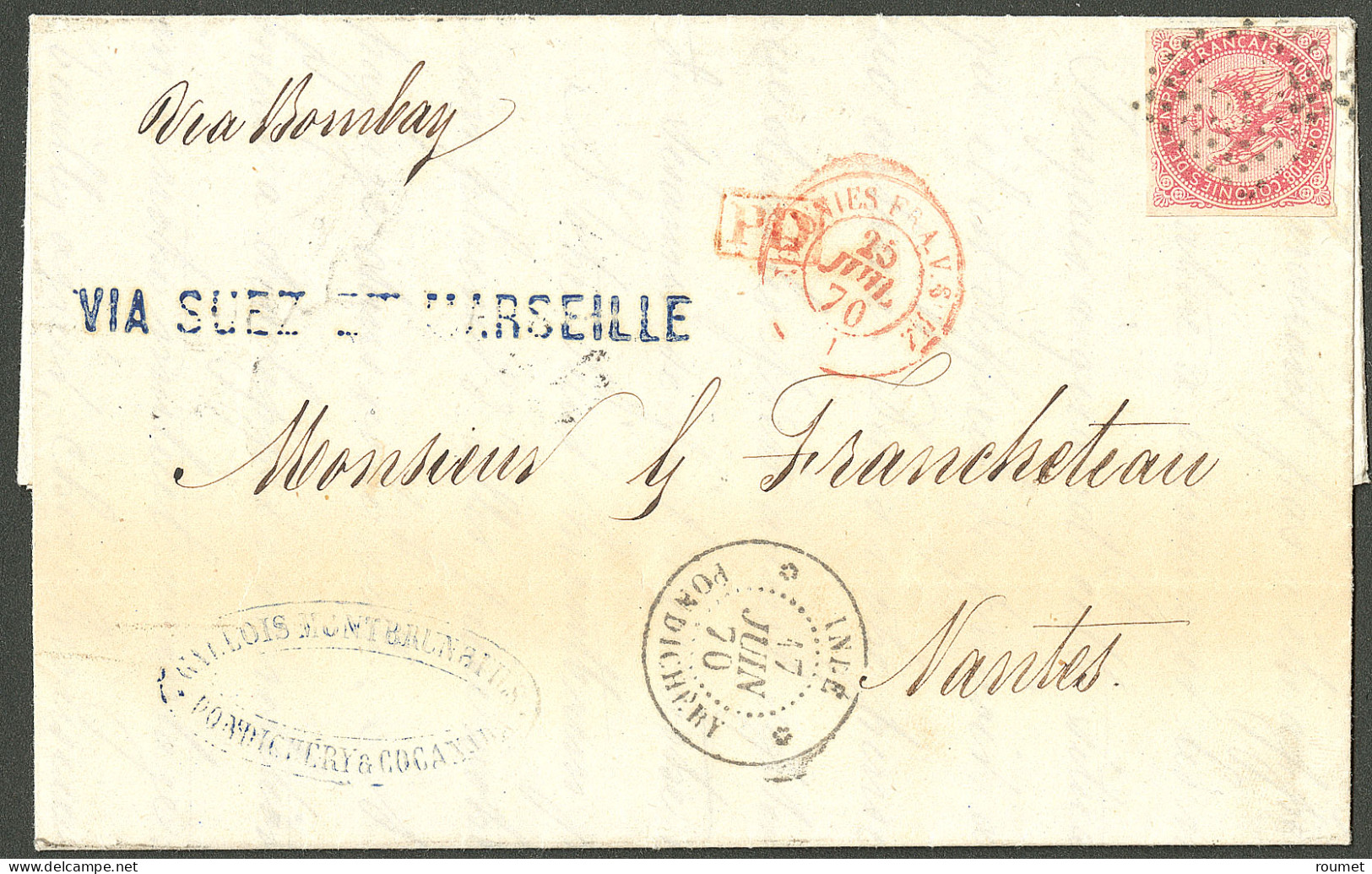 Lettre Losange Sur CG 6. Cad "Inde/Pondichéry" Sur Enveloppe Pour Nantes, 1870. - TB. - R - Sonstige & Ohne Zuordnung