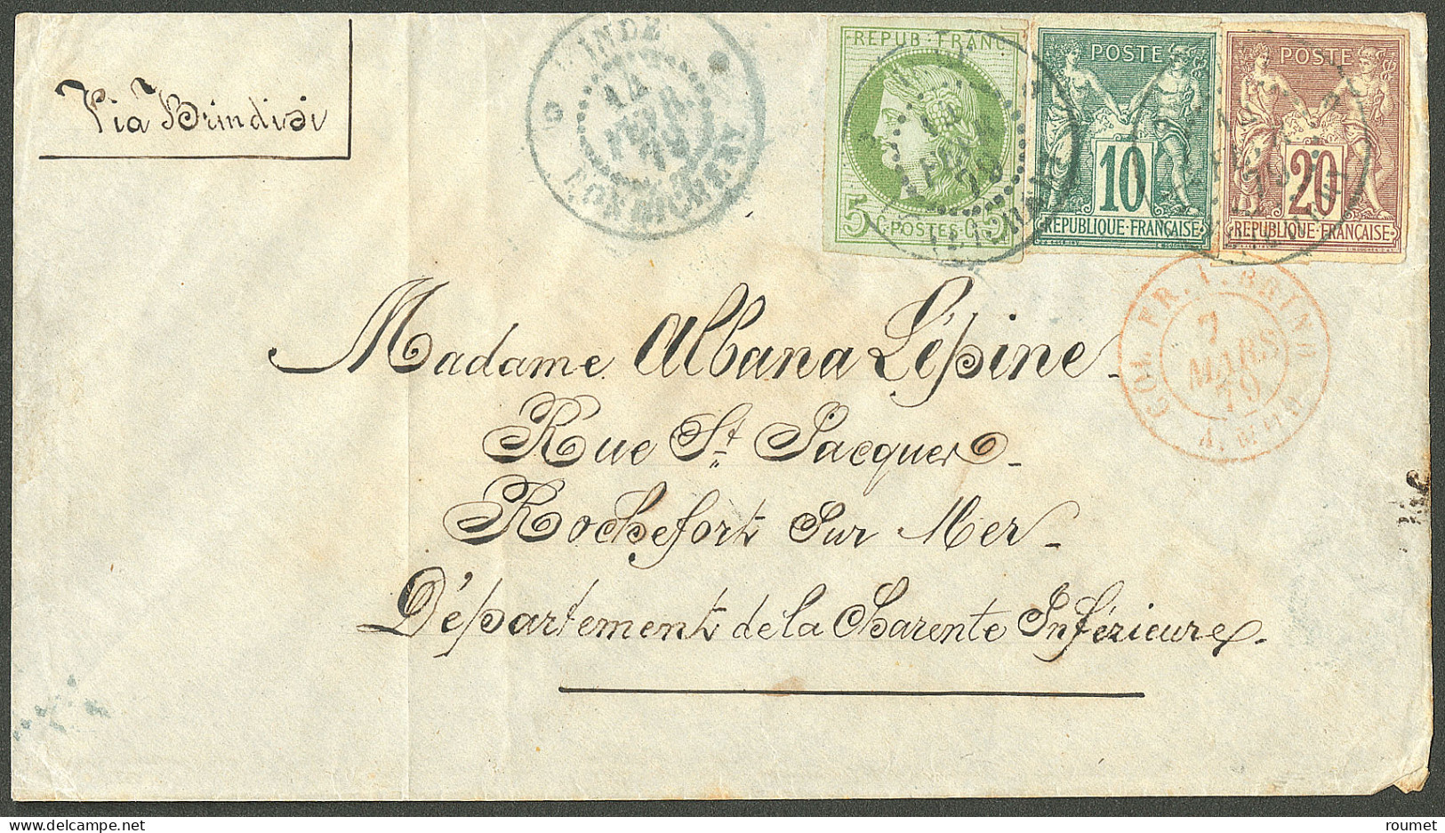 Lettre Cad Bleu "Inde/Pondichéry". CG Nos 17 + 32 + 34 Sur Lettre Pour Rochefort, 1879. TB. - R. - Otros & Sin Clasificación