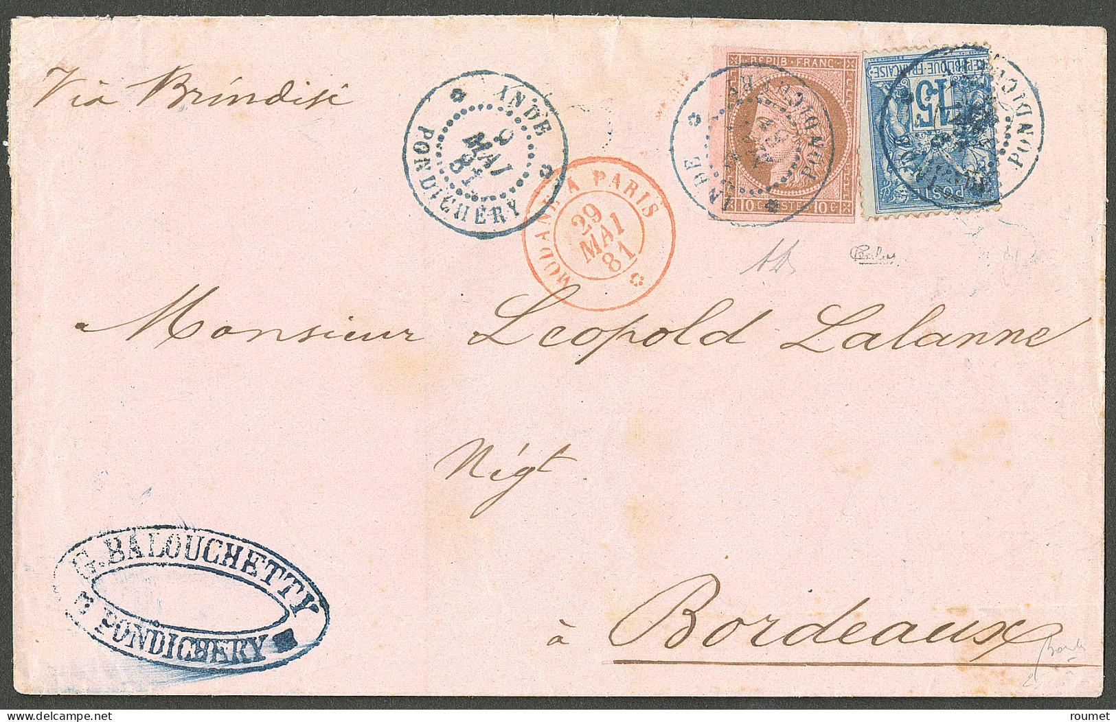 Lettre Cad Bleu "Inde/Pondichéry". CG No 18 + France No 90 Sur Lettre Pour Bordeaux, 1881. - TB. - RRR. - Altri & Non Classificati