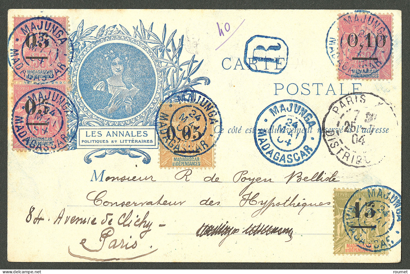 Lettre Cad Bleu "Majunga/Madagascar" Mai 1904 Sur N°48 Paire Verticale + 50 + 52 + 58, Sur CP Illustrée Recommandée Pour - Other & Unclassified
