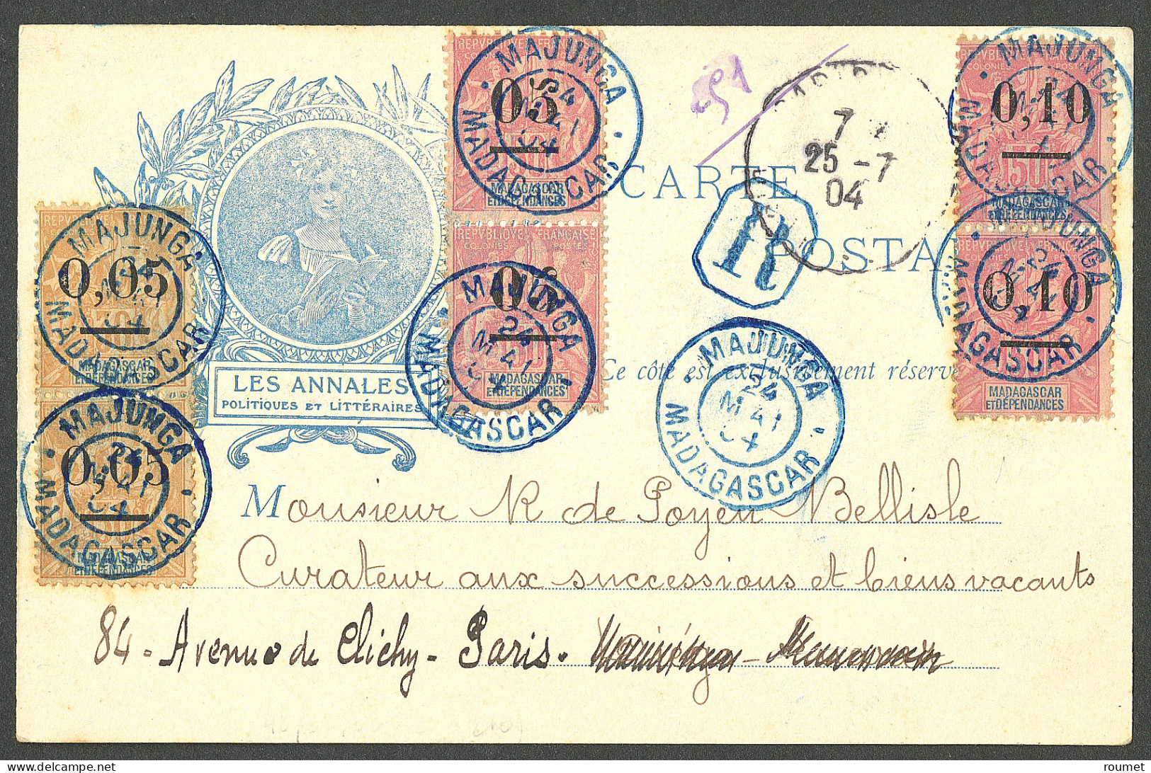 Lettre Cad Bleu "Majunga/Madagascar" Mai 1904 Sur N°48 Paire Verticale + 53 + 58 + 57 Paire Verticale, Sur CP Illustrée  - Autres & Non Classés