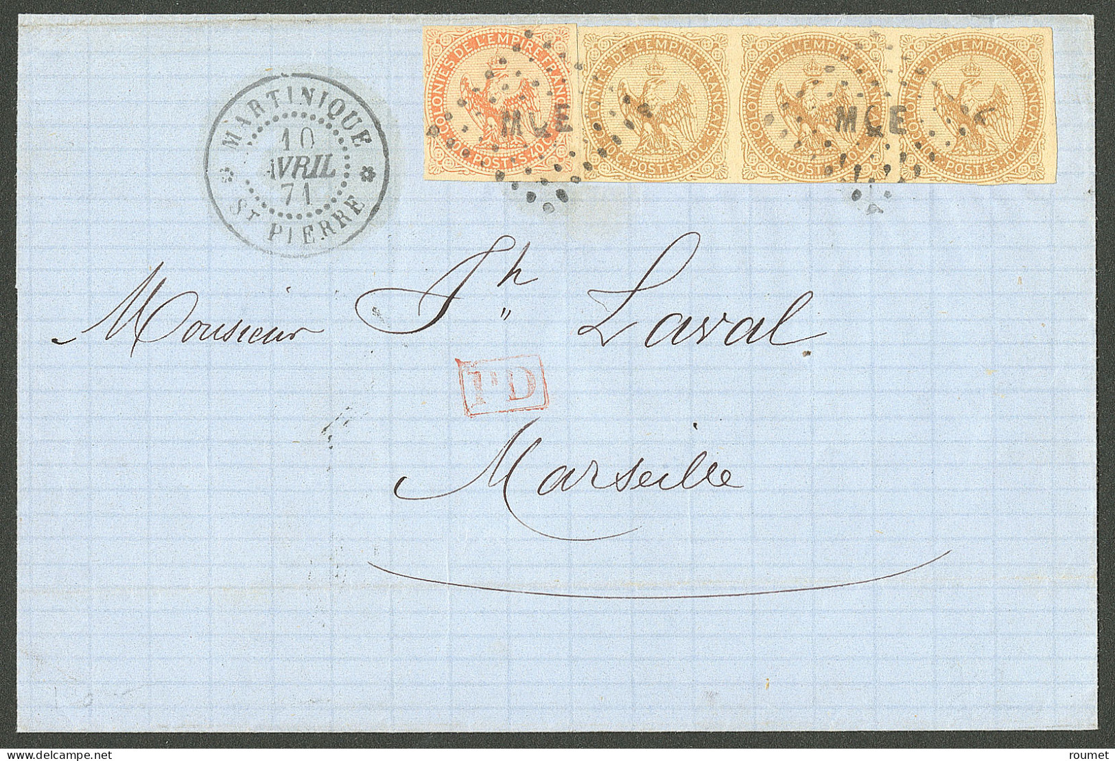 Lettre Losange "MQE" Et Cad "Martinique/St Pierre". CG 3 Bande De Trois + 5, Sur Lettre Pour Marseille, 1871. TB. - Autres & Non Classés