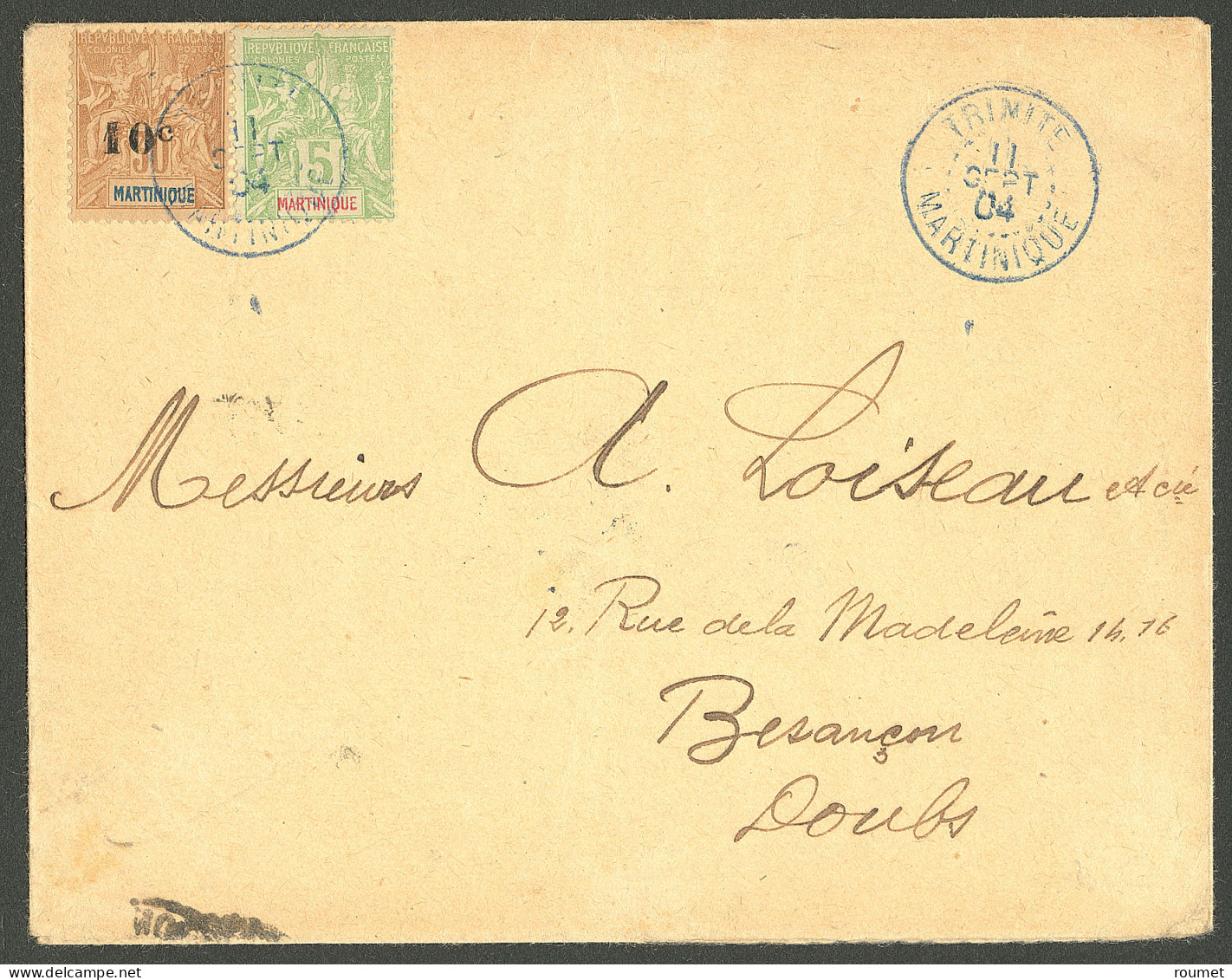 Lettre Cad Bleu "Trinité/Martinique" Sept 1904 Sur N°44 + 52, Sur Enveloppe Pour Besançon. - TB - Autres & Non Classés