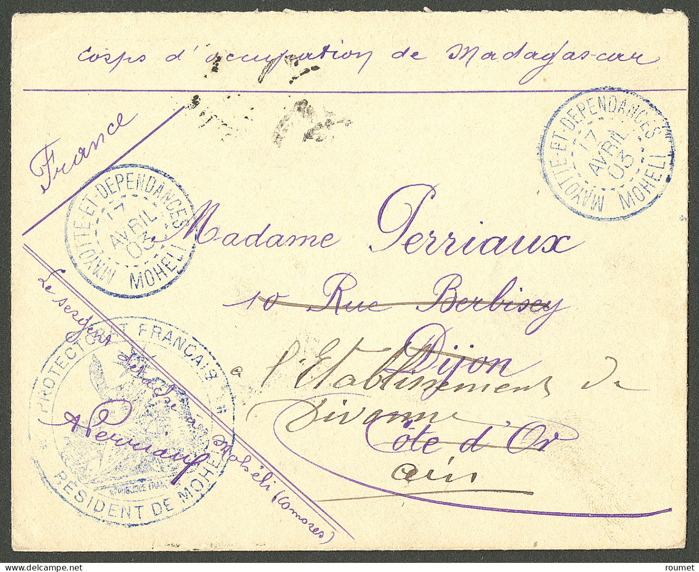 Lettre Cad Bleu "Mayotte Et Dépendances/Moheli" Avril 1903, Sur Enveloppe En FM Du Corps D'occupation De Madagascar, Pou - Other & Unclassified