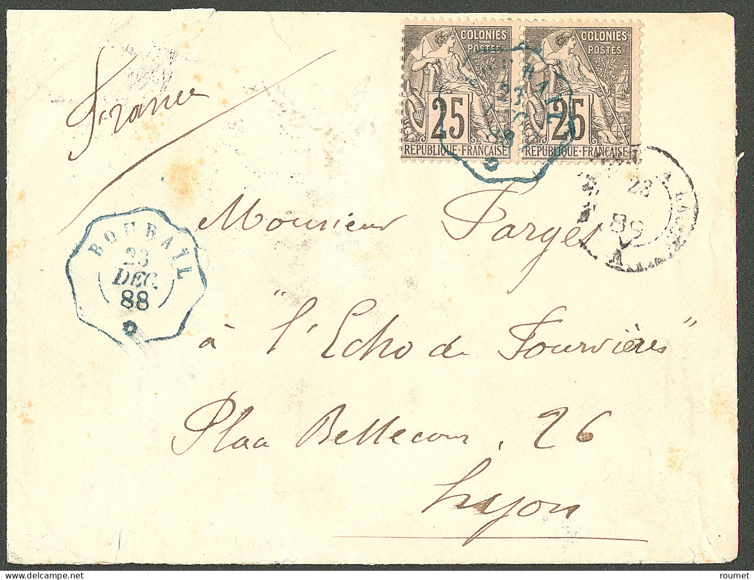 Lettre Cad Télégraphique Bleu "Bourail" 1888 Sur CG 54 (2) Sur Enveloppe Pour Lyon. - TB. - R - Otros & Sin Clasificación