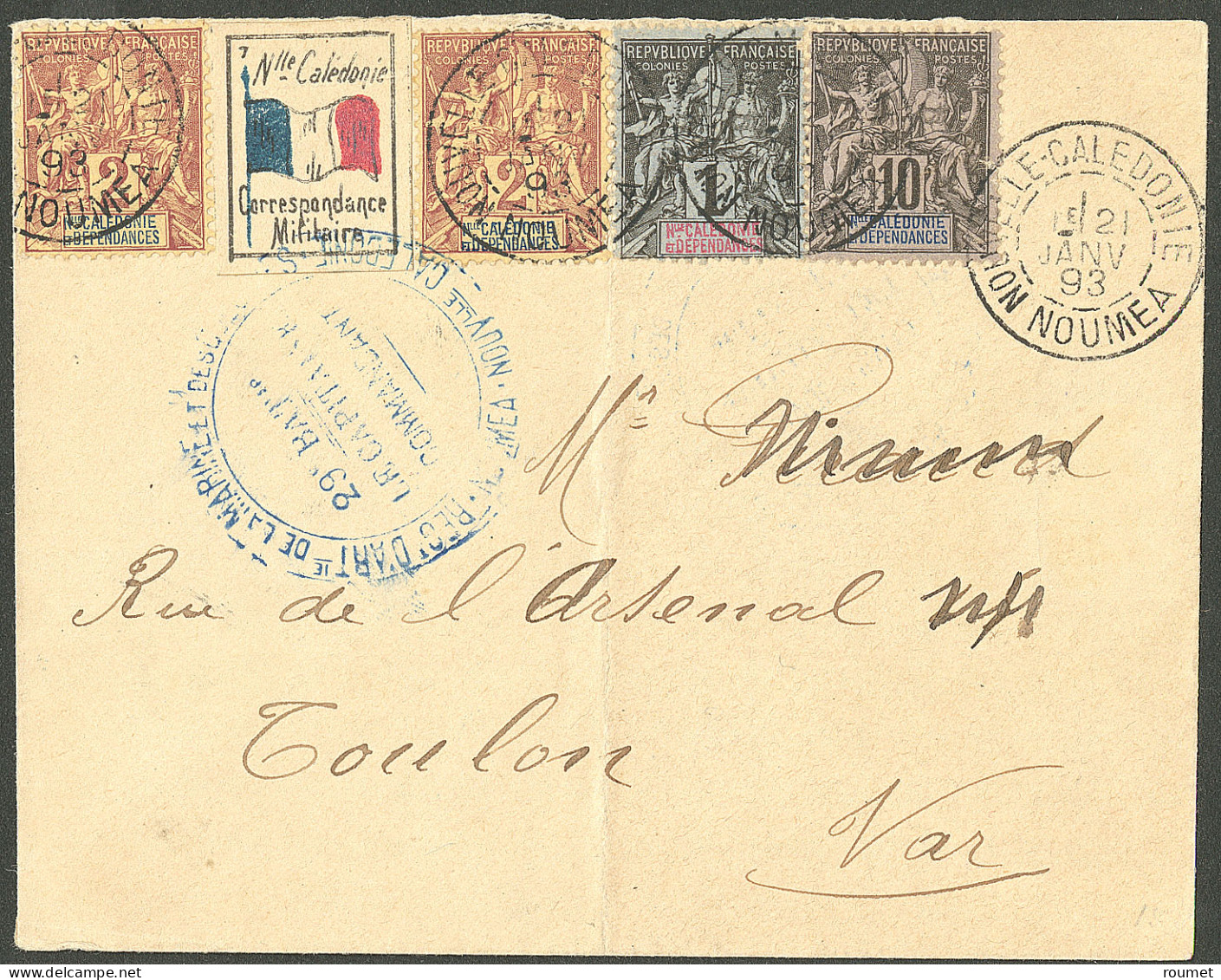 Lettre Cad "Nouvelle Calédonie/Nouméa". No 41 + 42(2) + 45 + étiquette Tricolore Correspondance Militaire, Sur Enveloppe - Autres & Non Classés