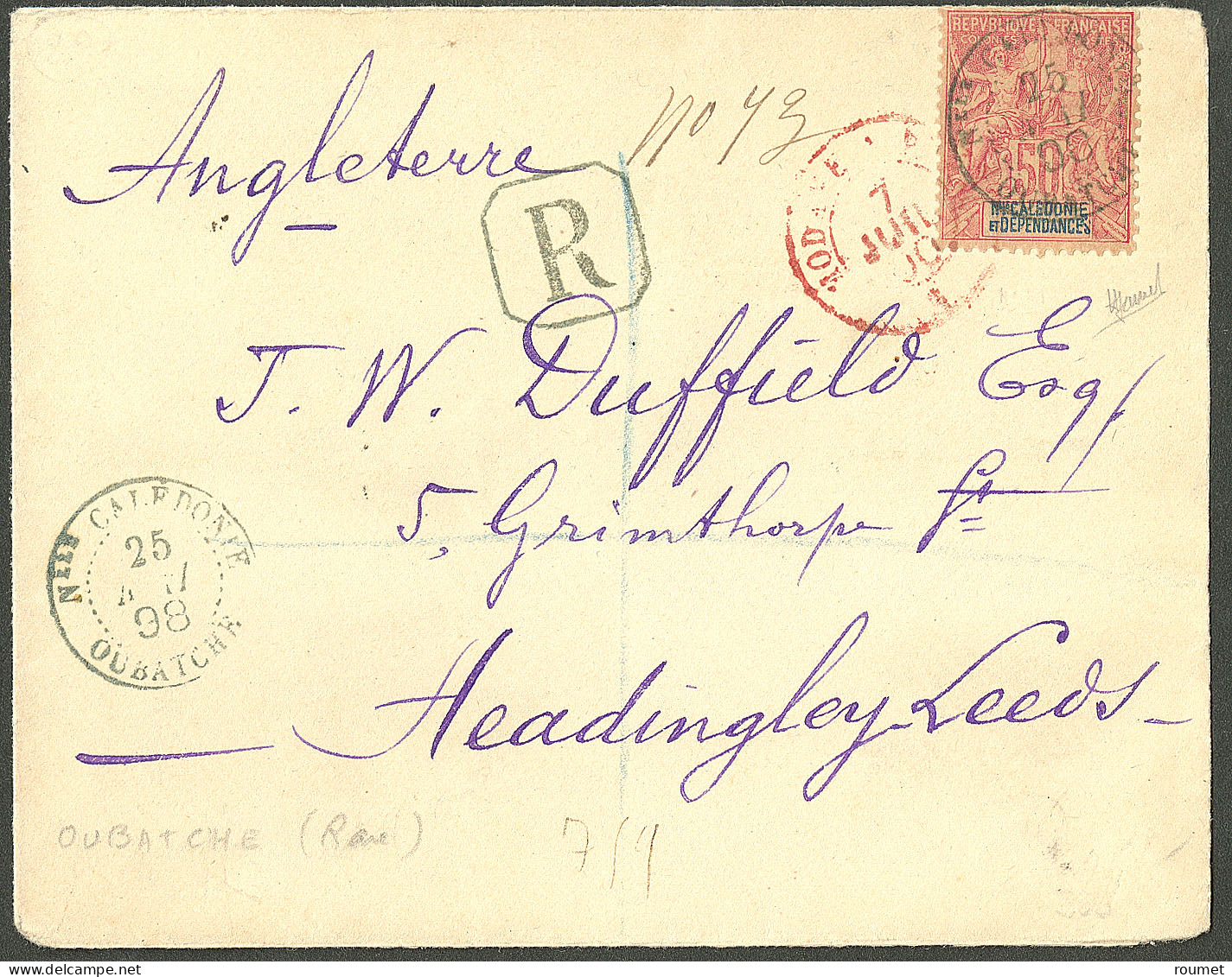 Lettre Cad Bleu "Nlle Calédonie/Oubatché". No 51 Sur Enveloppe Recommandée Pour Leeds, 1898, TB - R. - Other & Unclassified