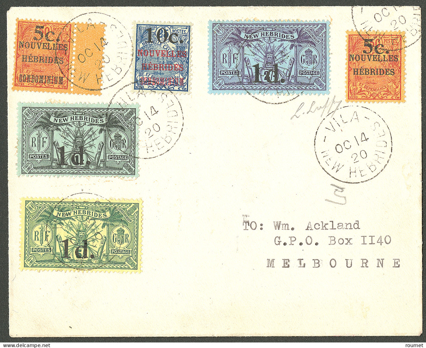 Lettre Cad "Vila/New Hebrides". Nos 58 + 58A + 59 + 65 à 67 Sur Enveloppe Pour Melbourne, 1920. - TB. - R - Autres & Non Classés