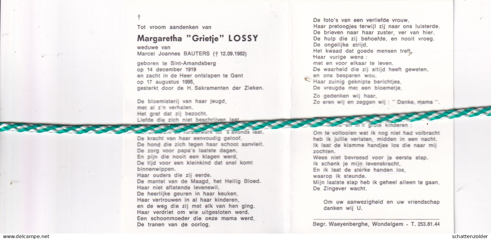 Margaretha "Grietje" Lossy-Bauters, Sint-Amandsberg 1919, Gent 1995. Foto - Décès