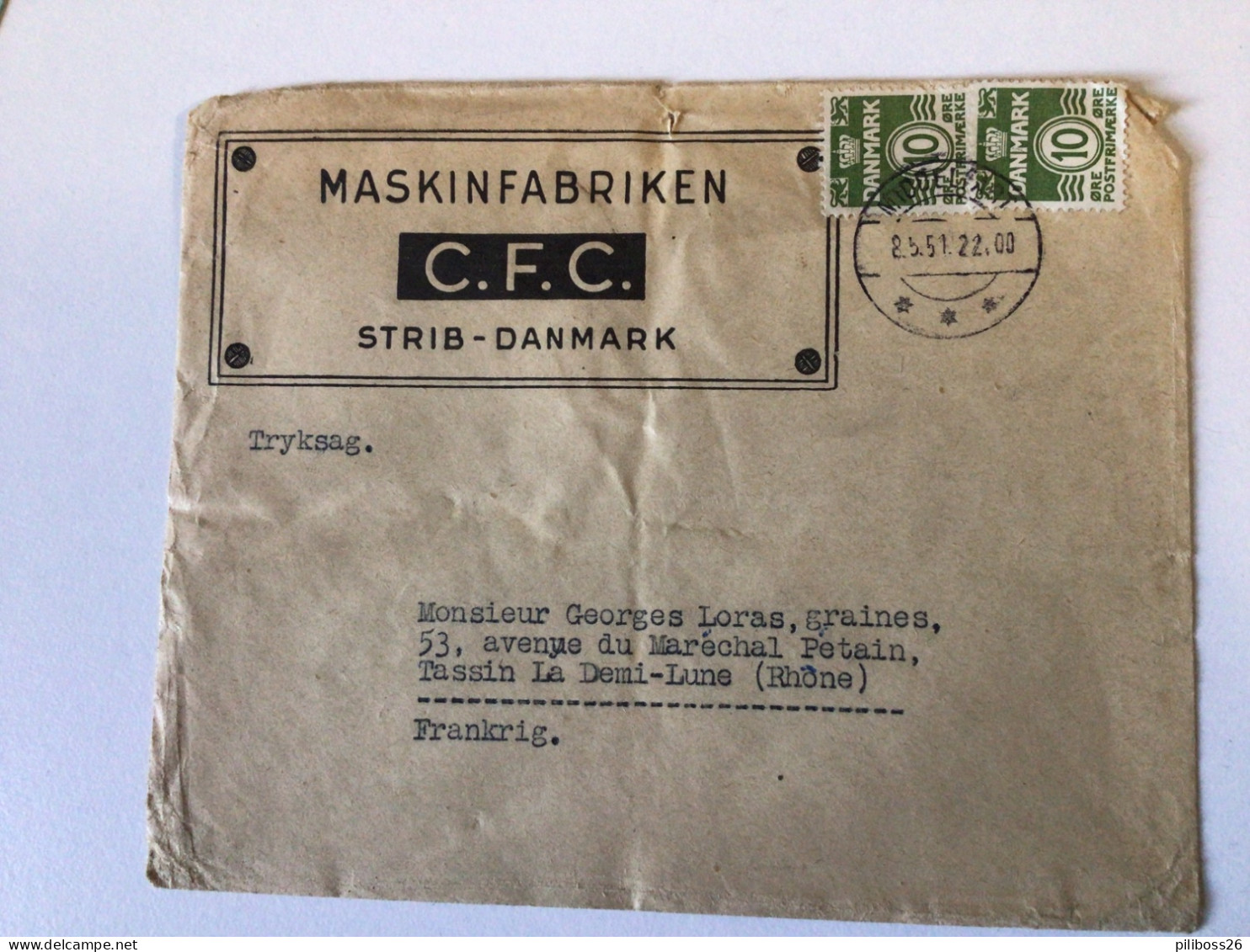 Lot de letttres de 1938 à 1951du Danemark  a Tassin la demi lune (graines Loras) timbre de distributeurs, perforé,