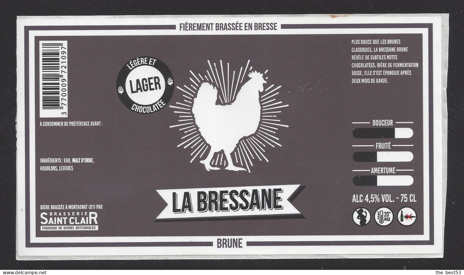 Etiquette De Bière Brune 75 Cl  -  La Bressane -  Brasserie Saint Clair à Montagnat  (01) - Bière