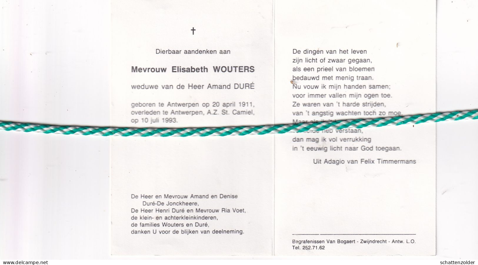 Elisabeth Wouters-Duré, Antwerpen 1911, 1993 - Todesanzeige