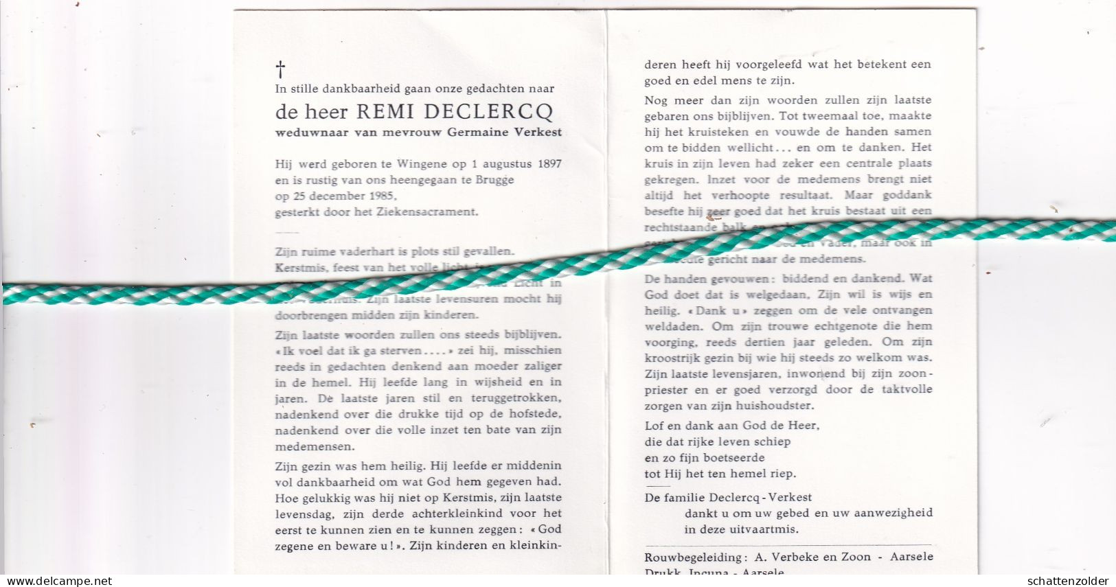 Remi Declercq-Verkest, Wingene 1897, Brugge 1985 - Todesanzeige