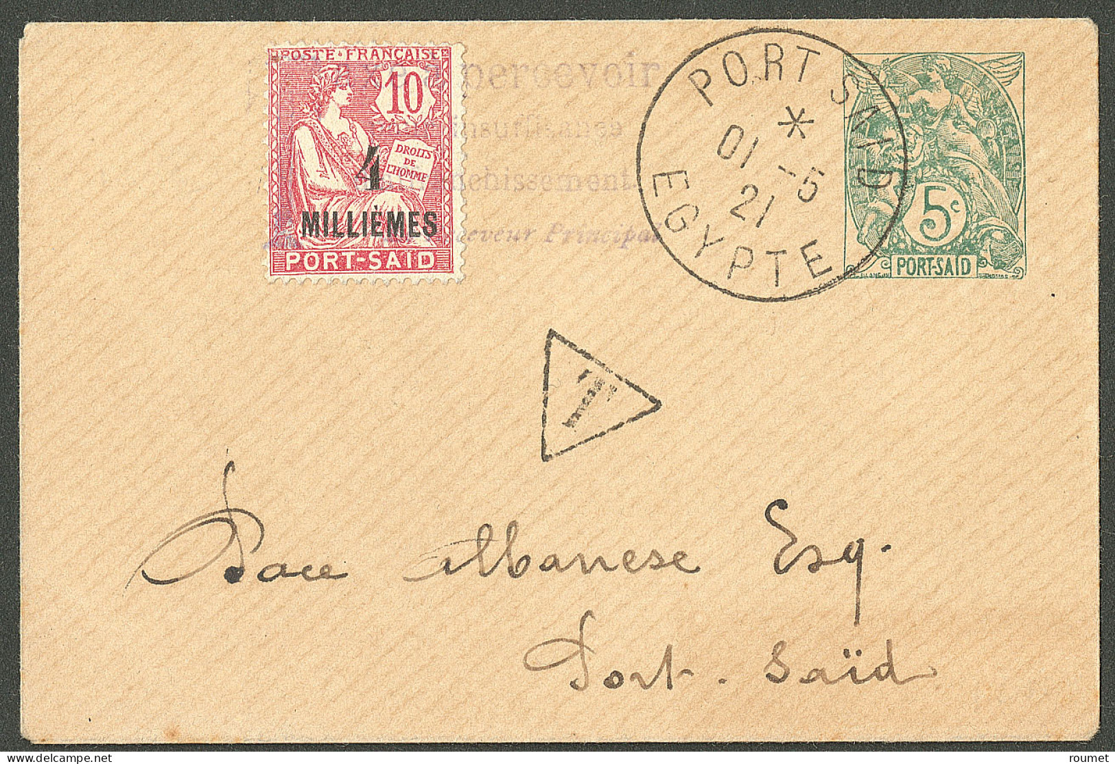 Lettre Cad "Port Said/Egypte". Entier 5c + No 37 Oblitéré De La Griffe Violette "à Percevoir" Adressé Localement, 1921.  - Other & Unclassified