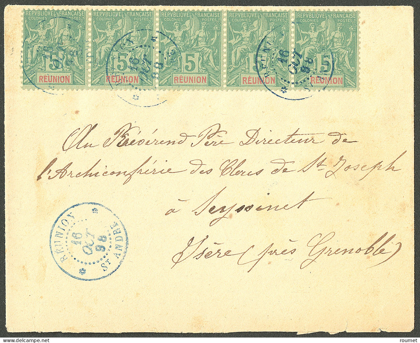 Lettre Cad Bleu "Réunion/St André". No 35 Bande De Cinq Sur Enveloppe Pour Grenoble, 1898. - TB. - R - Other & Unclassified