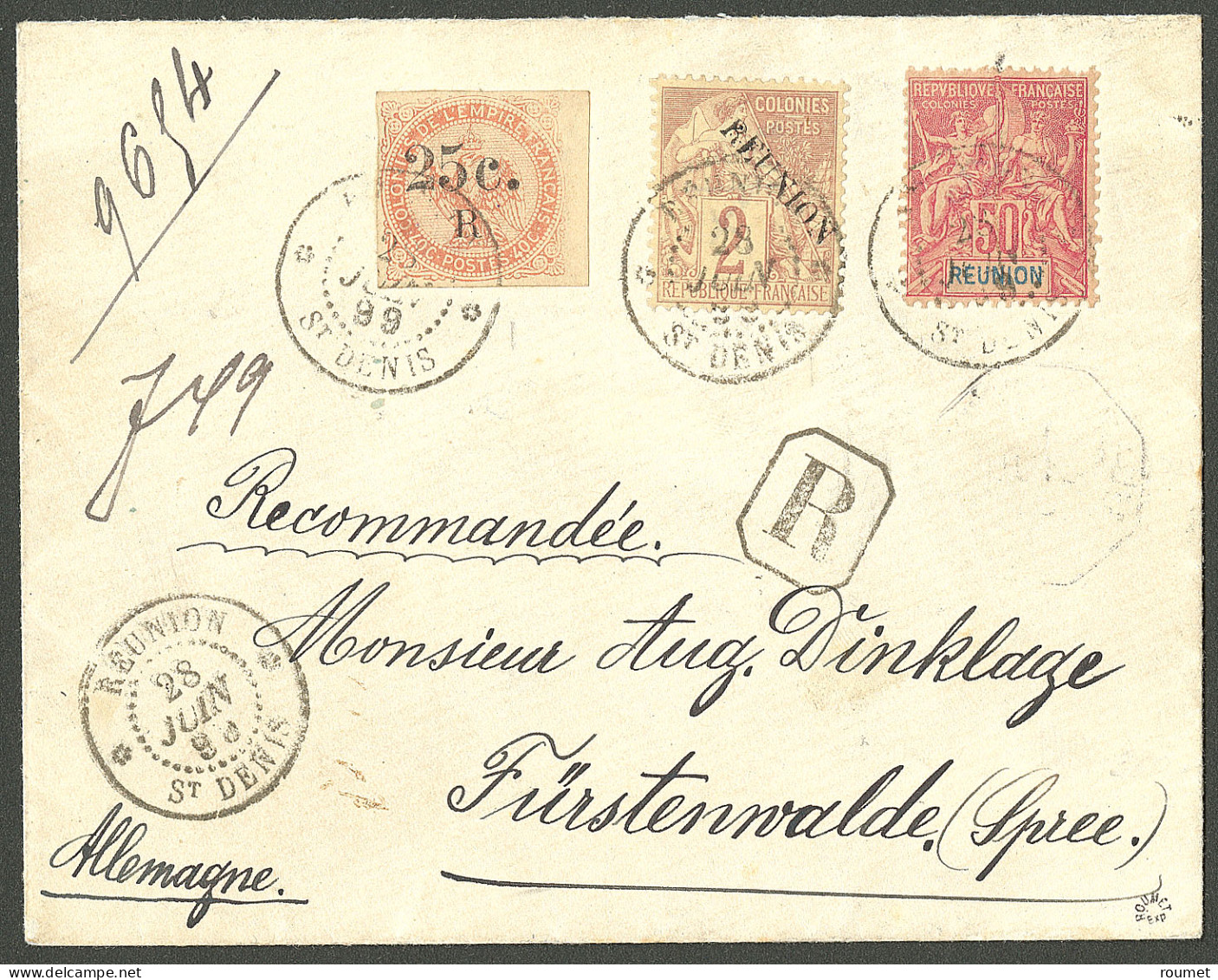 Lettre Cad "Réunion/St Denis". No 4 + 18 + 42 Sur Enveloppe Recommandée Pour L'Allemagne, 1889. - TB. - Other & Unclassified